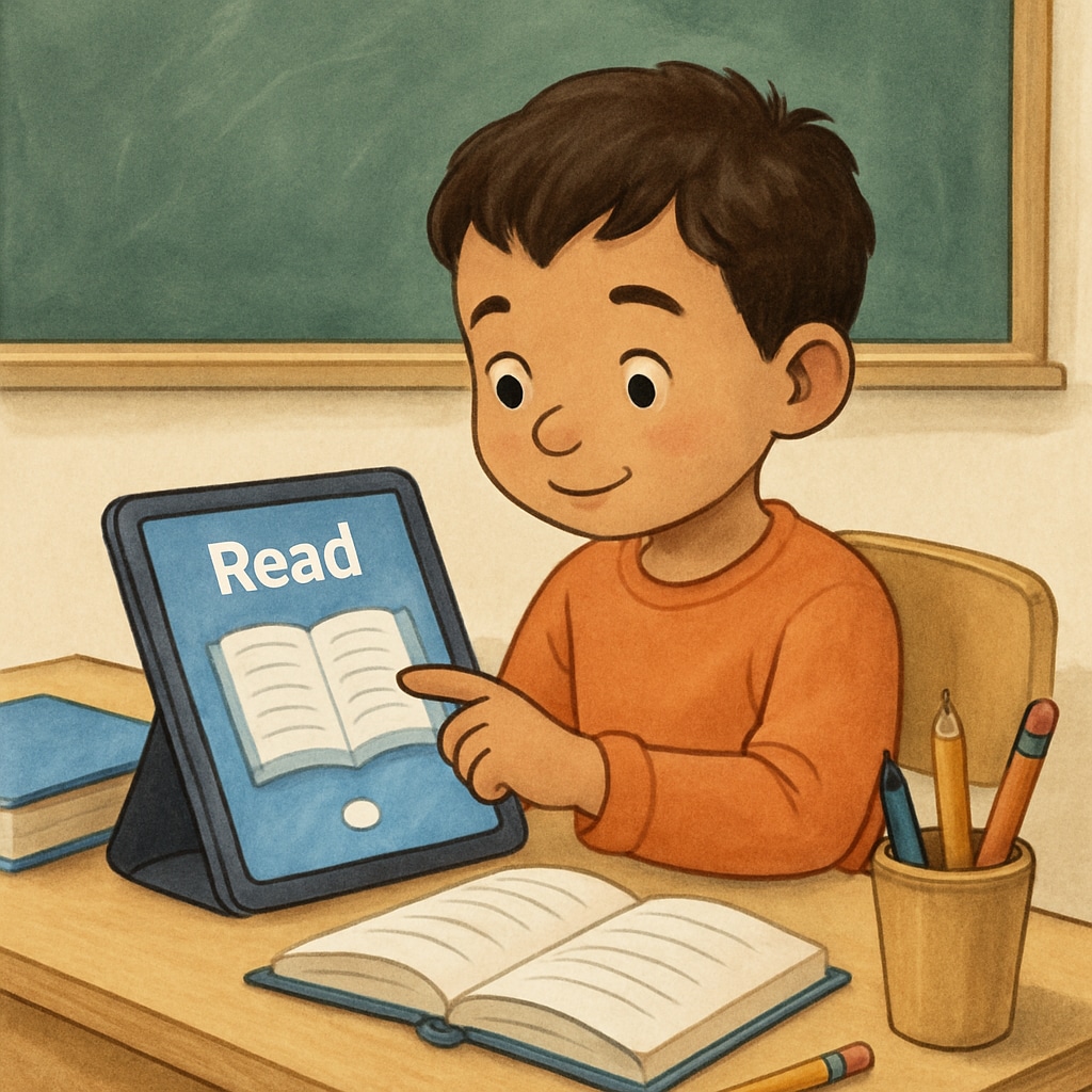 Child interacting with a children's reading app on a tablet in a classroom.