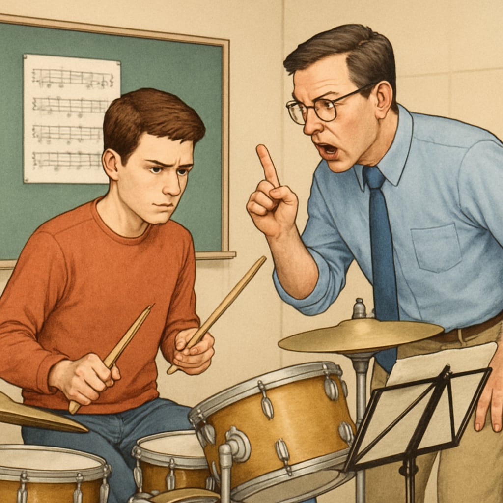 Whiplash scene illustrating strict teaching methods and their impact on students.