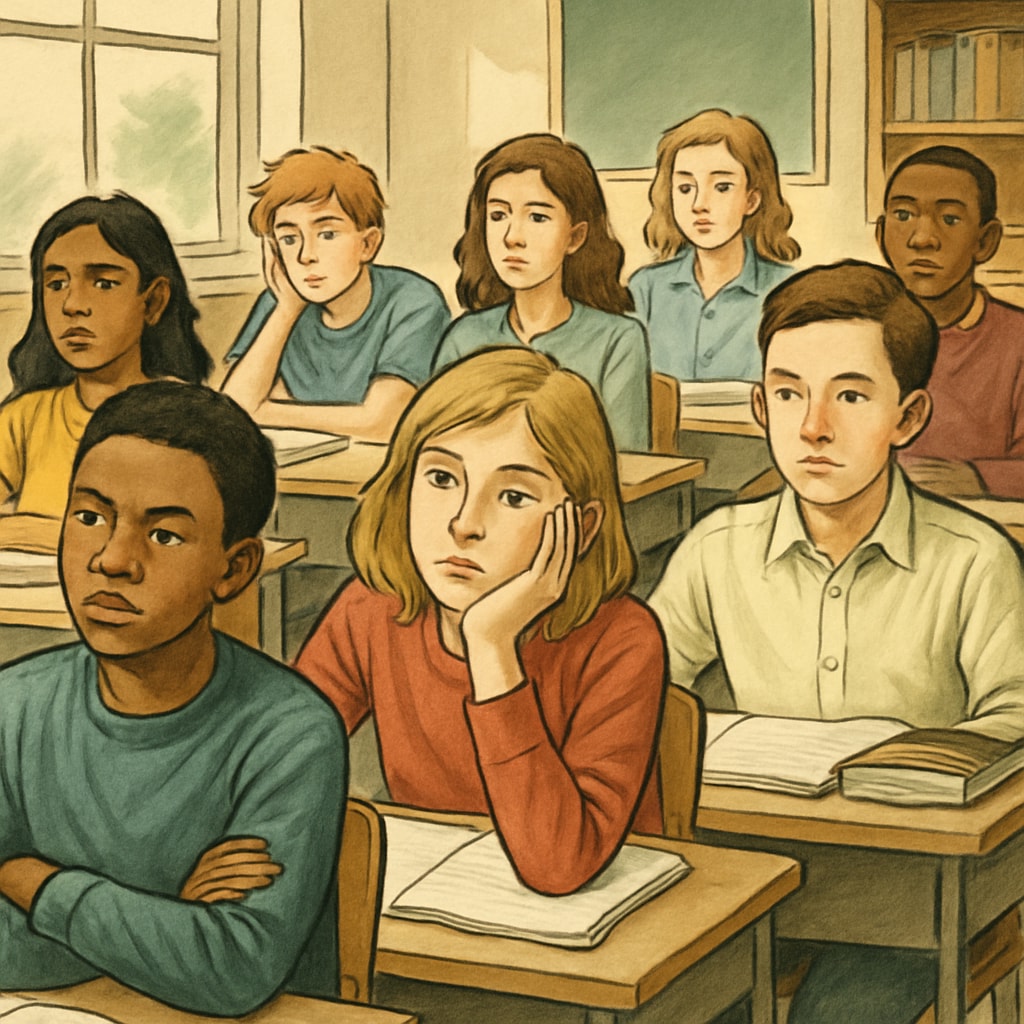 Students experiencing boredom in a classroom environment across different global education systems.
