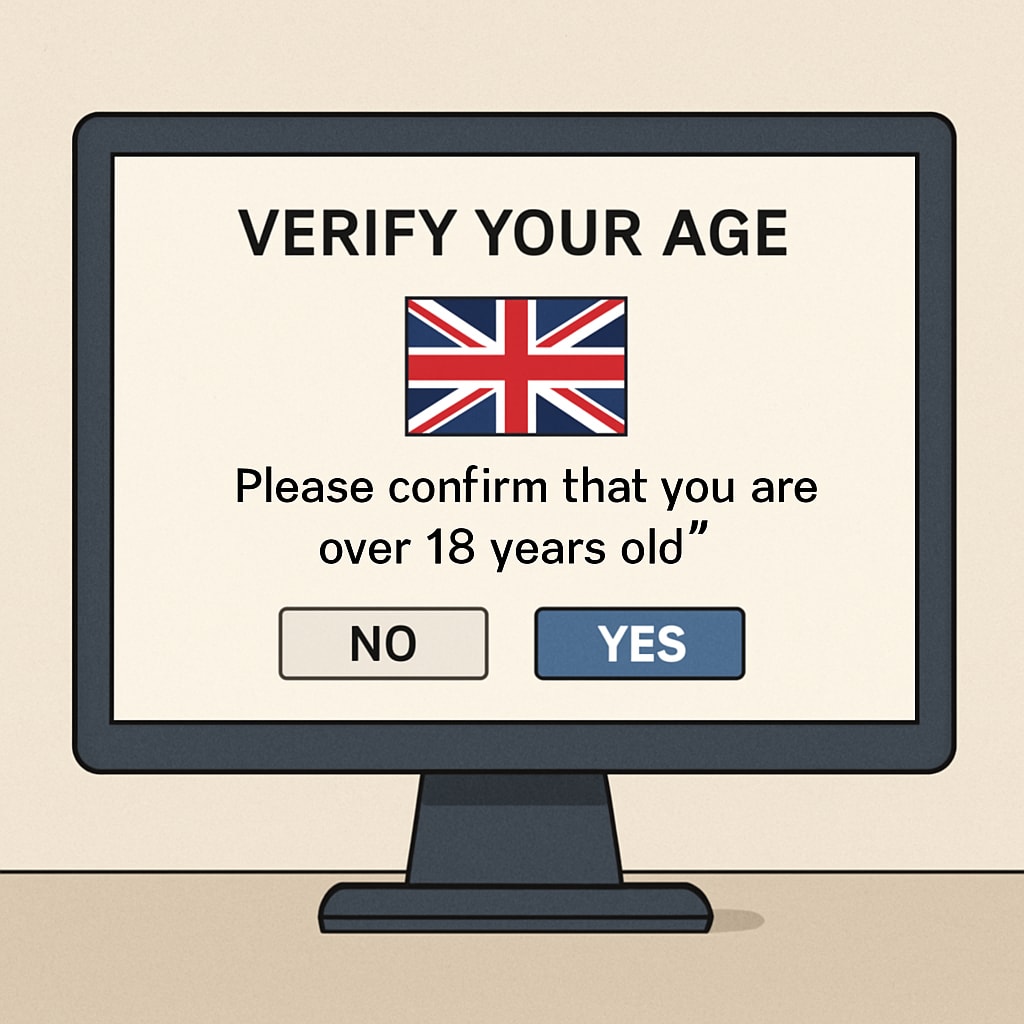 A graphical representation of a computer screen showing a “Verify Your Age” prompt, symbolizing the UK’s age verification laws. Age verification prompt on a computer screen, representing UK laws.