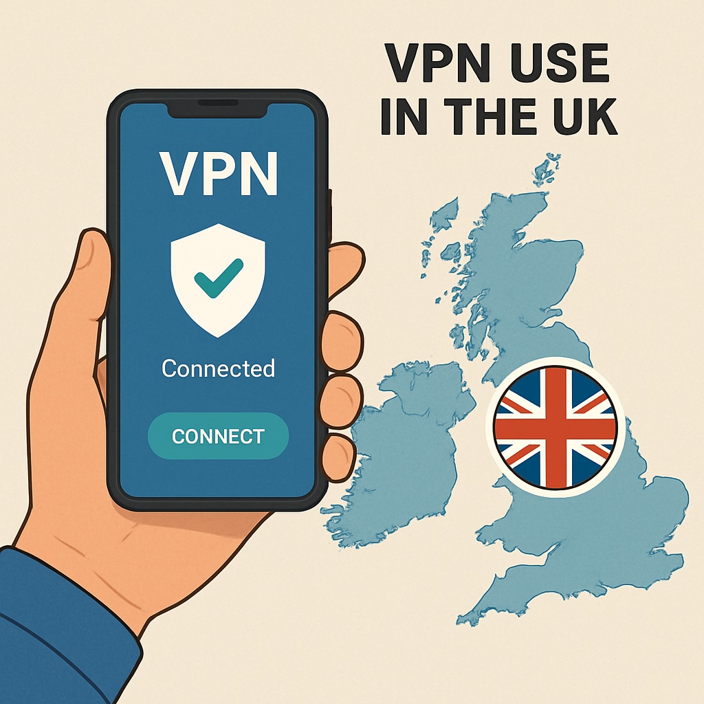 A person holding a smartphone with a VPN app open, symbolizing the surge in VPN usage in the UK. Smartphone with VPN app open, illustrating VPN usage surge in the UK.
