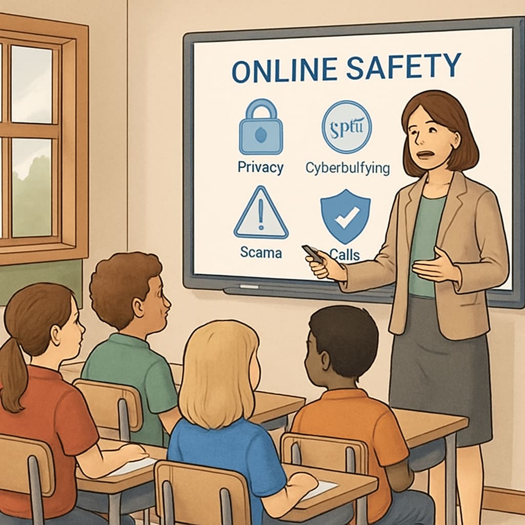 Teacher educating K12 students about online safety in light of age verification laws.