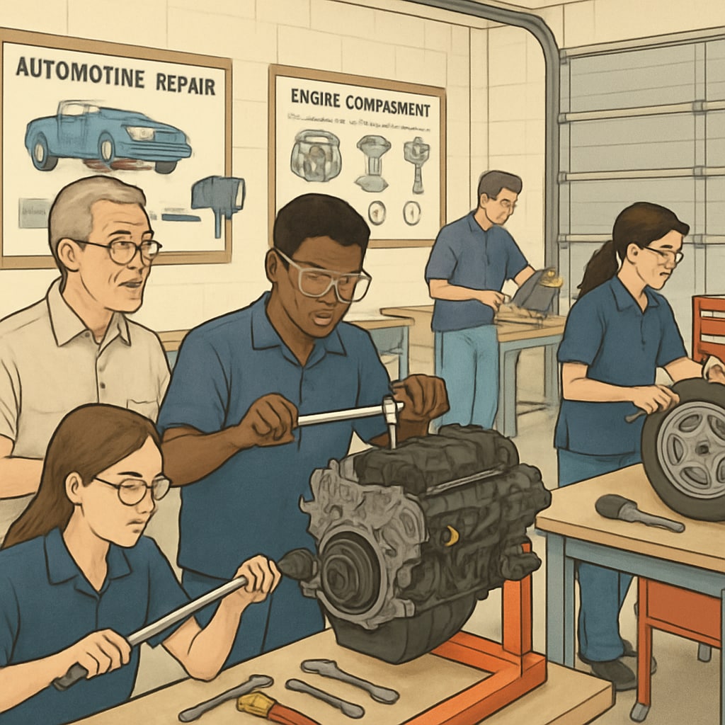 Students in an automotive repair class, highlighting the practical aspects of Career and Technical Education.