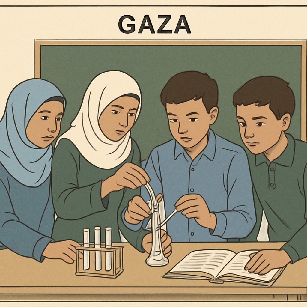 A group of Gaza students engaging in a hands-on science experiment, emphasizing collaboration and learning. Gaza students participating in a science experiment as part of their curriculum.