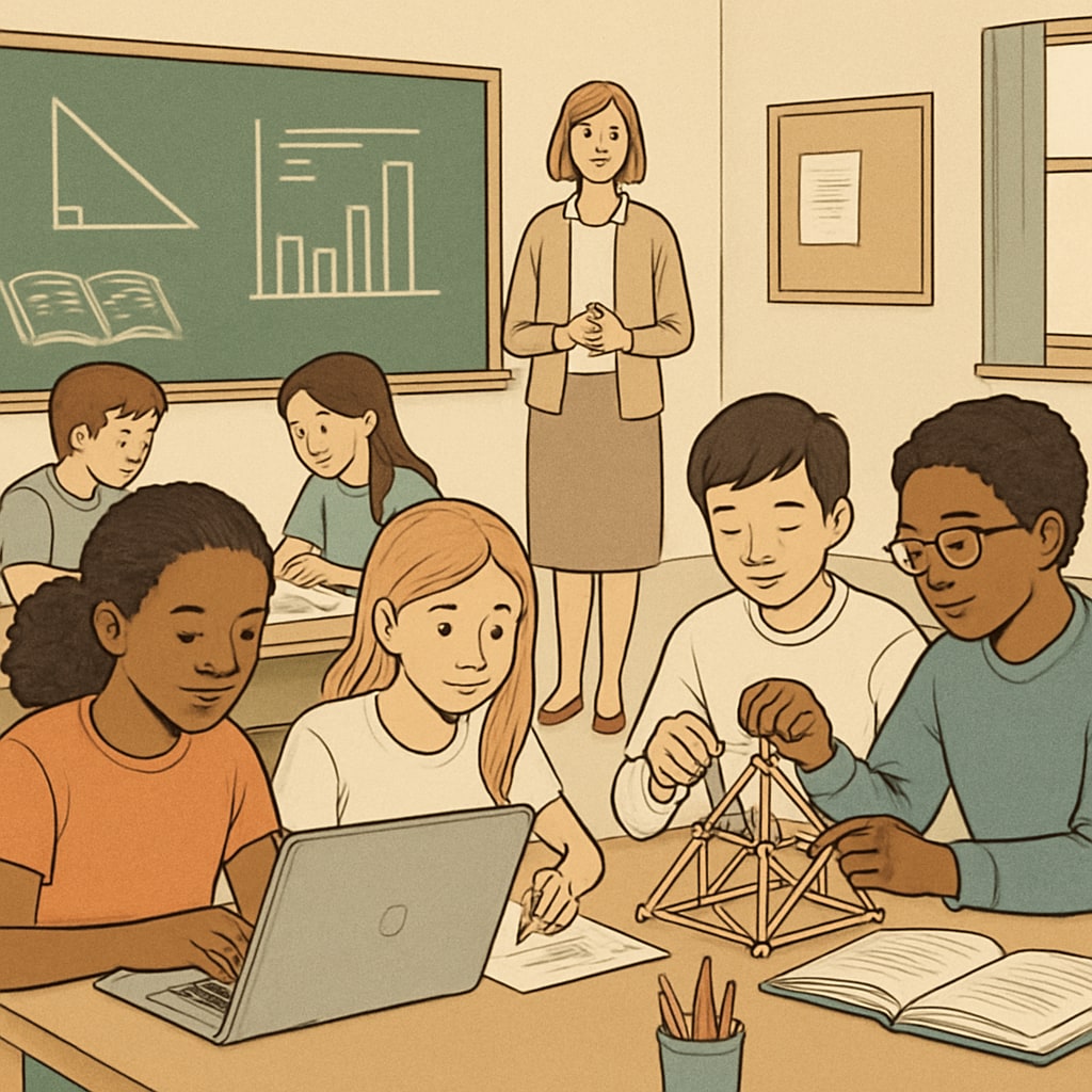 Collaborative learning activities in a classroom emphasizing skills beyond grades.
