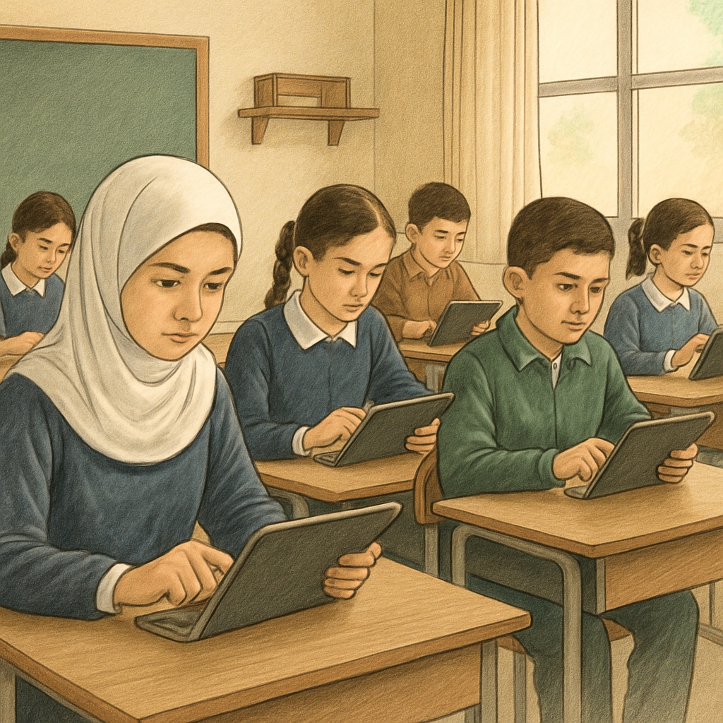 Gaza students utilizing tablet computers to enhance learning in science and social studies.