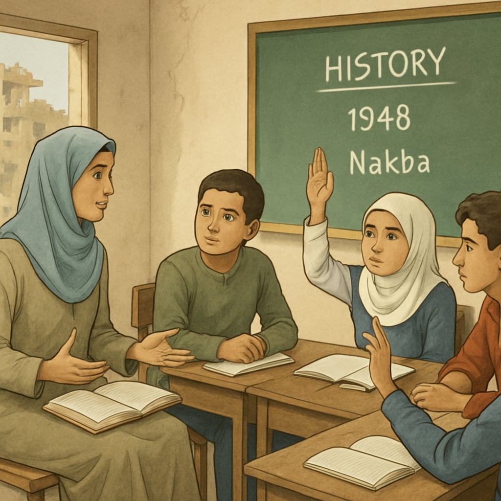 A classroom in Gaza where students and teachers engage in a group discussion about historical events, fostering critical thinking. Gaza classroom discussion on historical events, part of social studies curriculum.