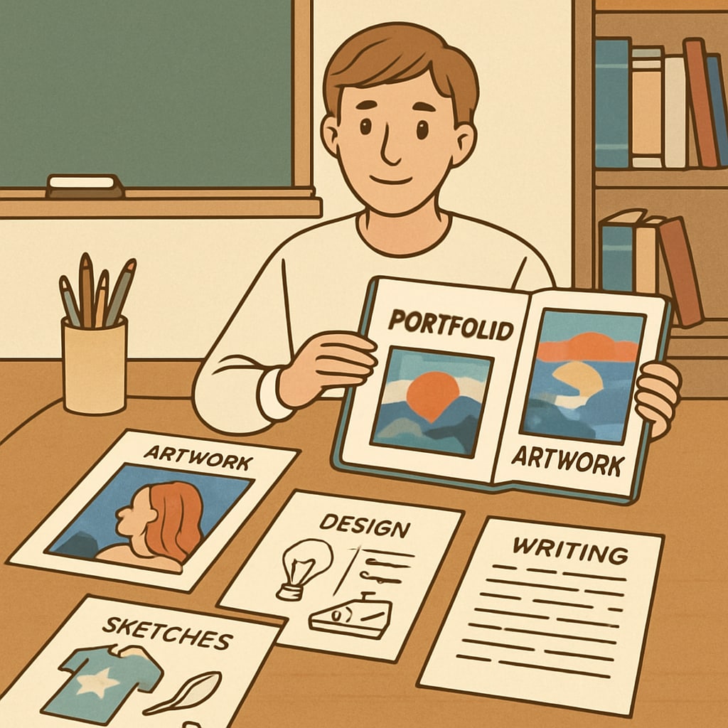A student showcasing a portfolio of creative achievements across various subjects.