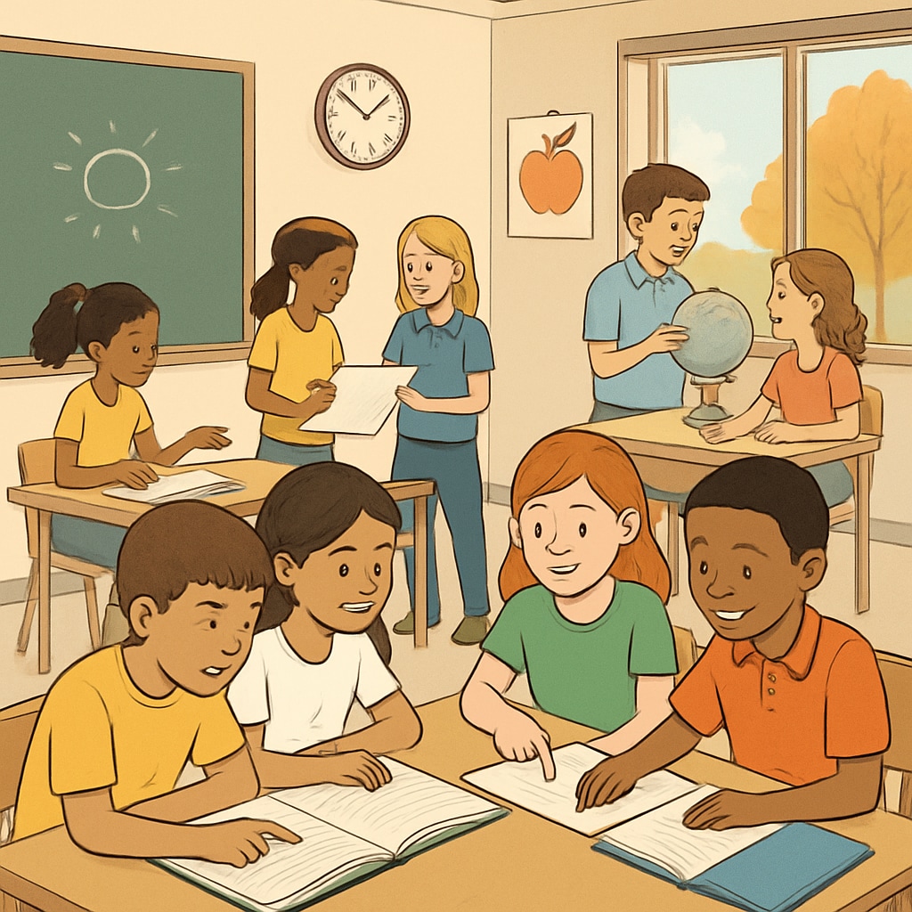 Students in a classroom actively participating in group work, representing year-round schooling.