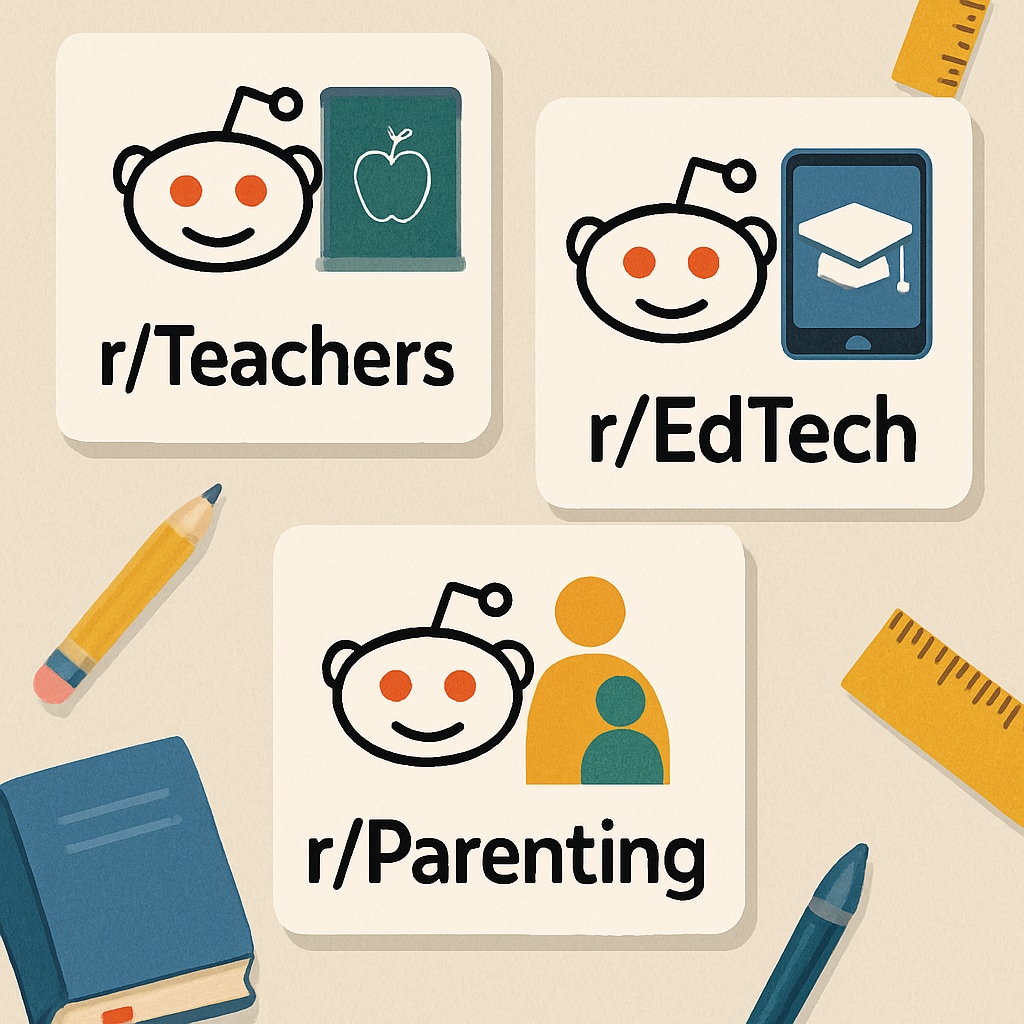 A collage showing logos of popular education-related subreddits, including r/Teachers, r/EdTech, and r/Parenting. Collage of education subreddit logos such as r/Teachers, r/EdTech, and r/Parenting.