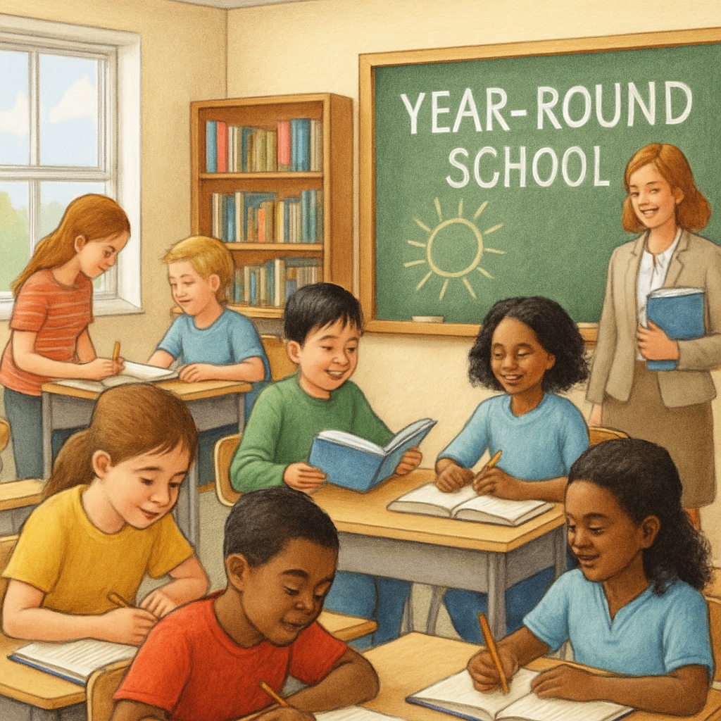 Students engaged in learning in a year-round schooling model.