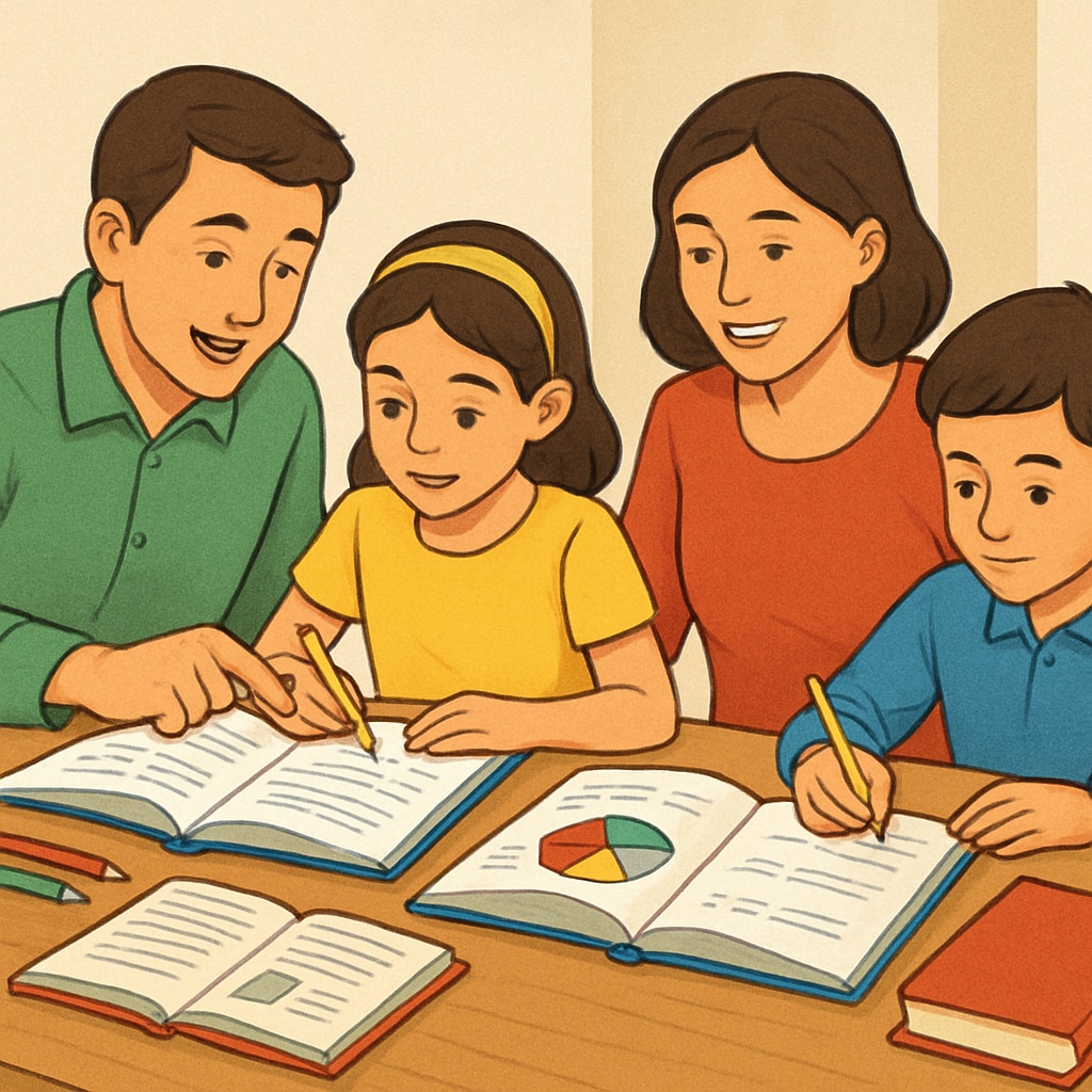 Parents and children learning together during a year-round schooling break.