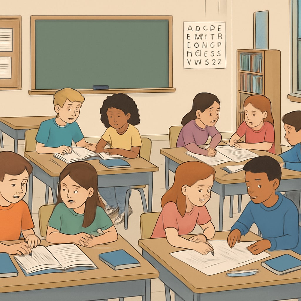 A classroom setting where students actively participate in group projects, illustrating collaborative learning. Students participating in group projects to demonstrate collaborative learning and diverse skills.