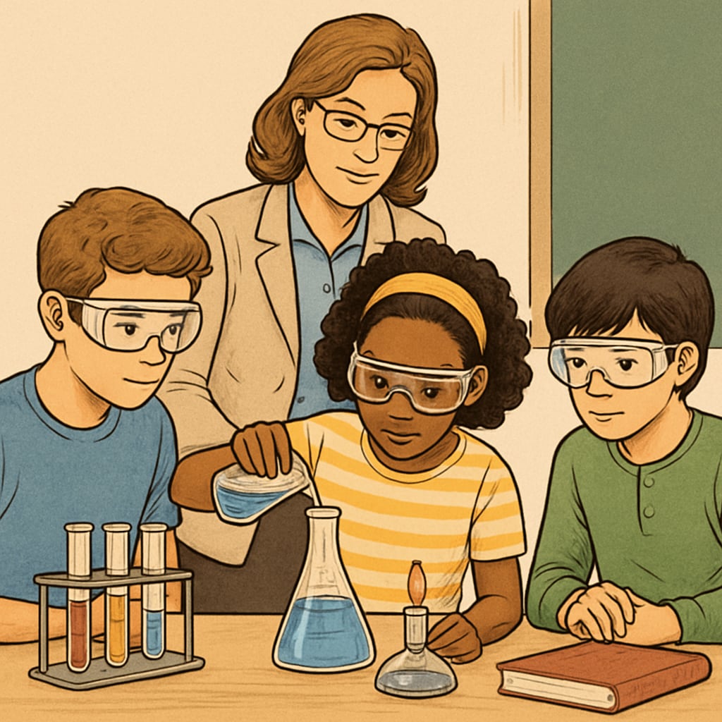 A teacher observing and guiding students during a hands-on science experiment, representing process-oriented learning. A teacher assisting students in conducting a science experiment, highlighting real-time learning and process tracking.
