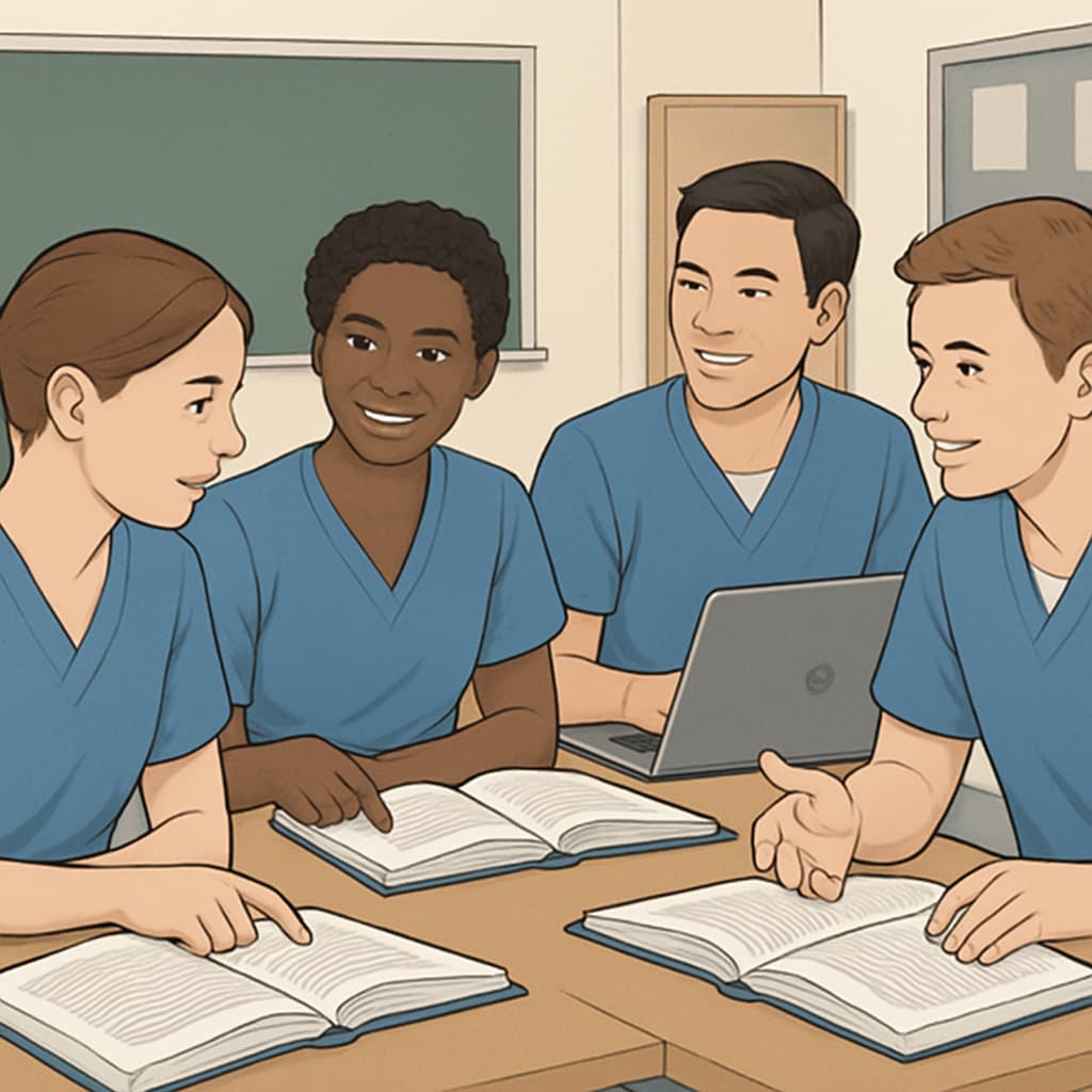 A group of nursing students in a classroom setting, actively discussing study materials with books and laptops open. Nursing students discussing study materials in a classroom setting.
