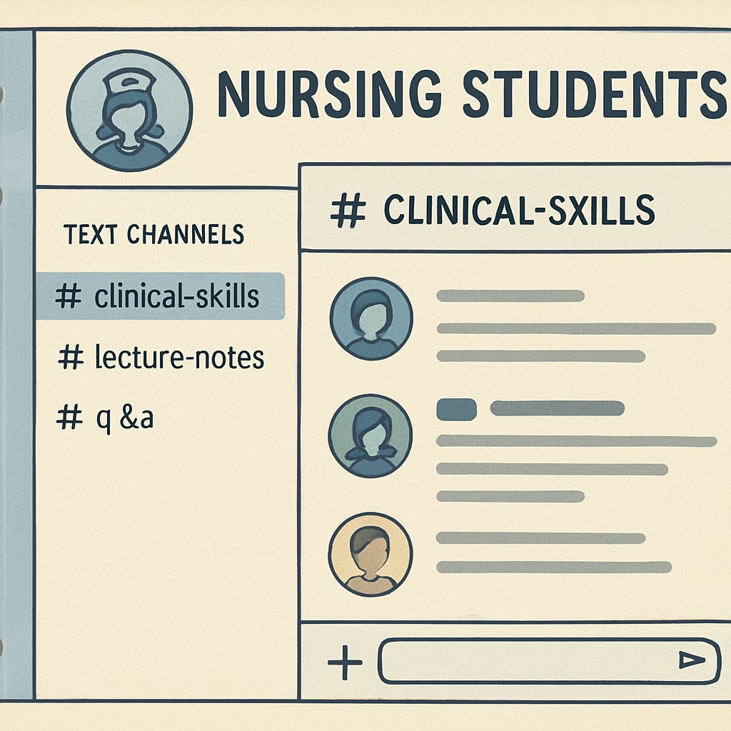 A Discord interface showcasing organized study channels for nursing students, including channels for clinical skills, lecture notes, and Q&A. Discord interface with study channels tailored for nursing students.
