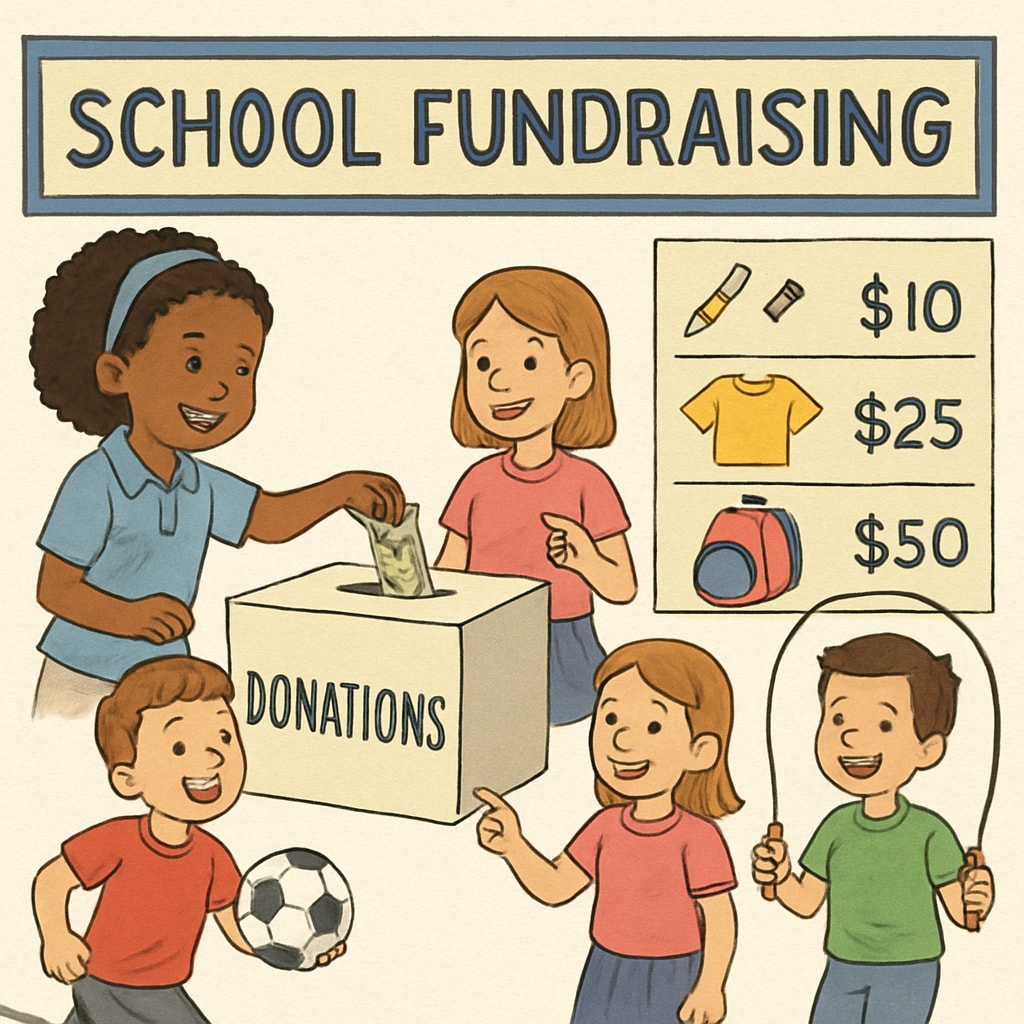Children participating in a school fundraising event with tiered rewards.