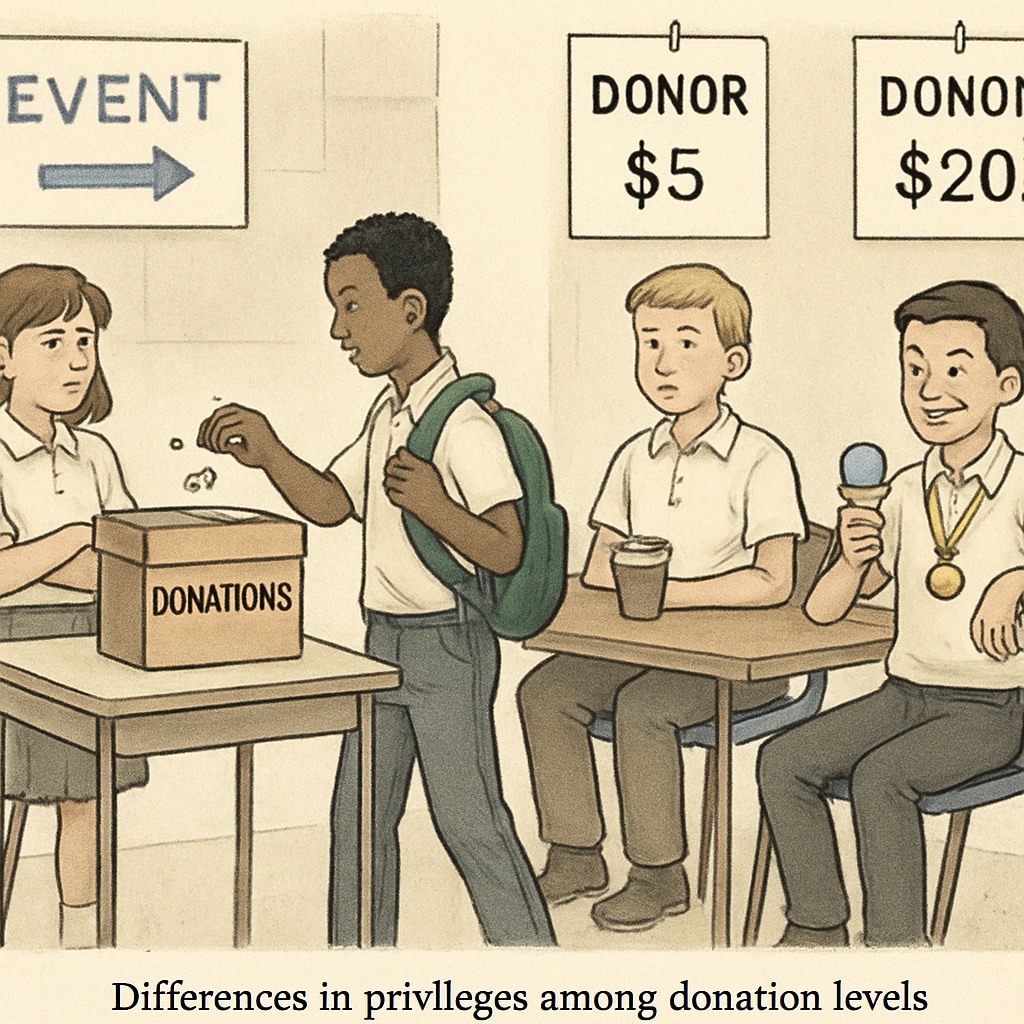 Students at a school event showing privilege tiers based on fundraising contributions.