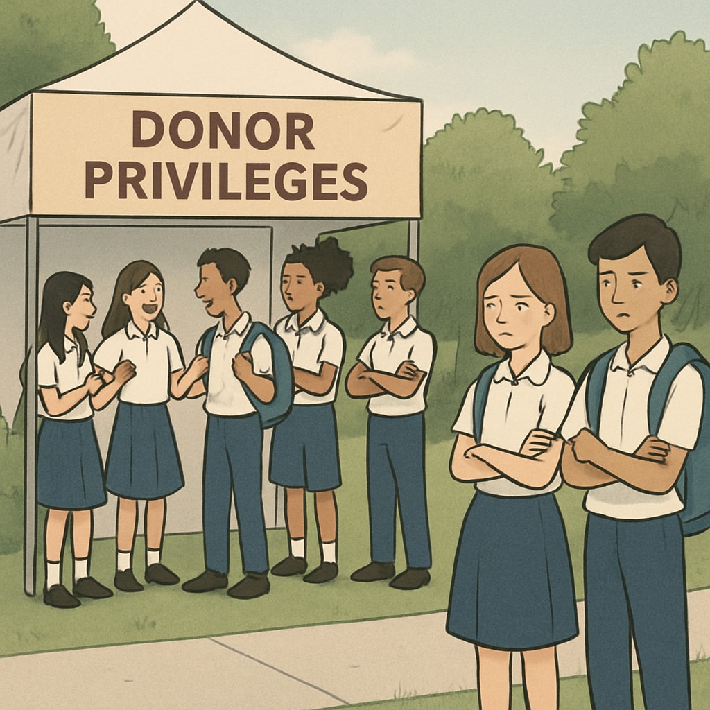 School event highlighting exclusion due to donation-based privileges.