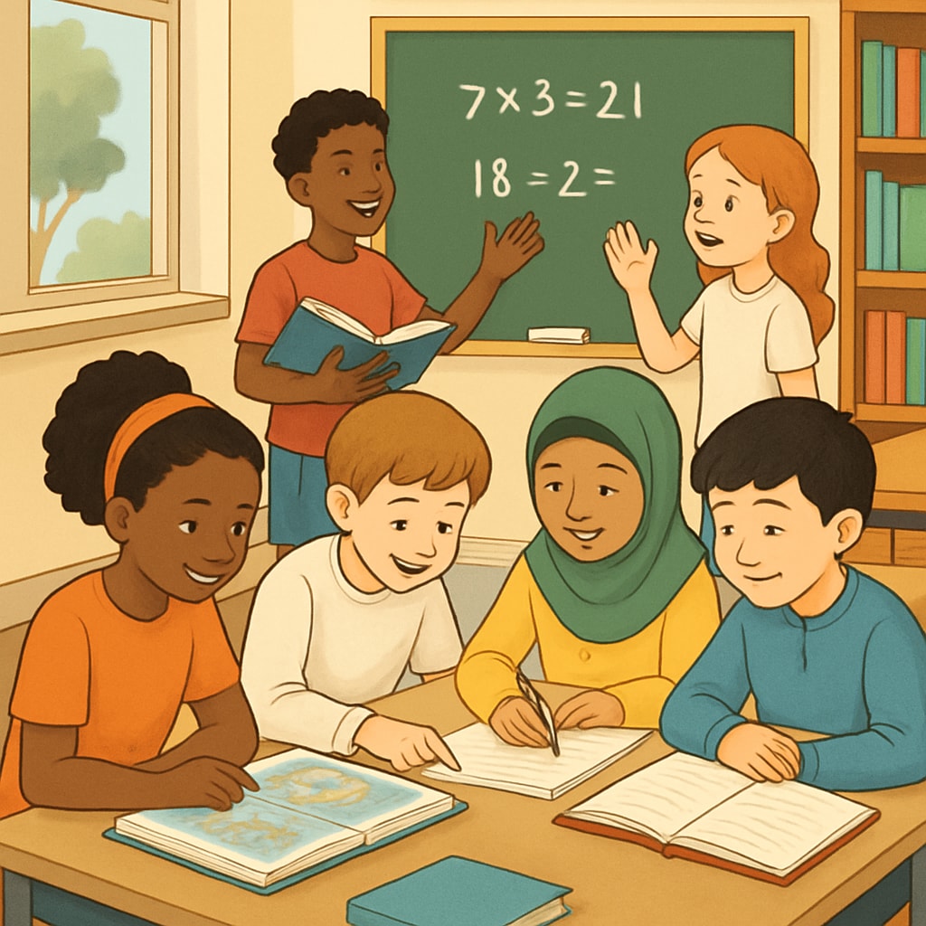 Children interacting equally in a classroom setting without financial distinctions.