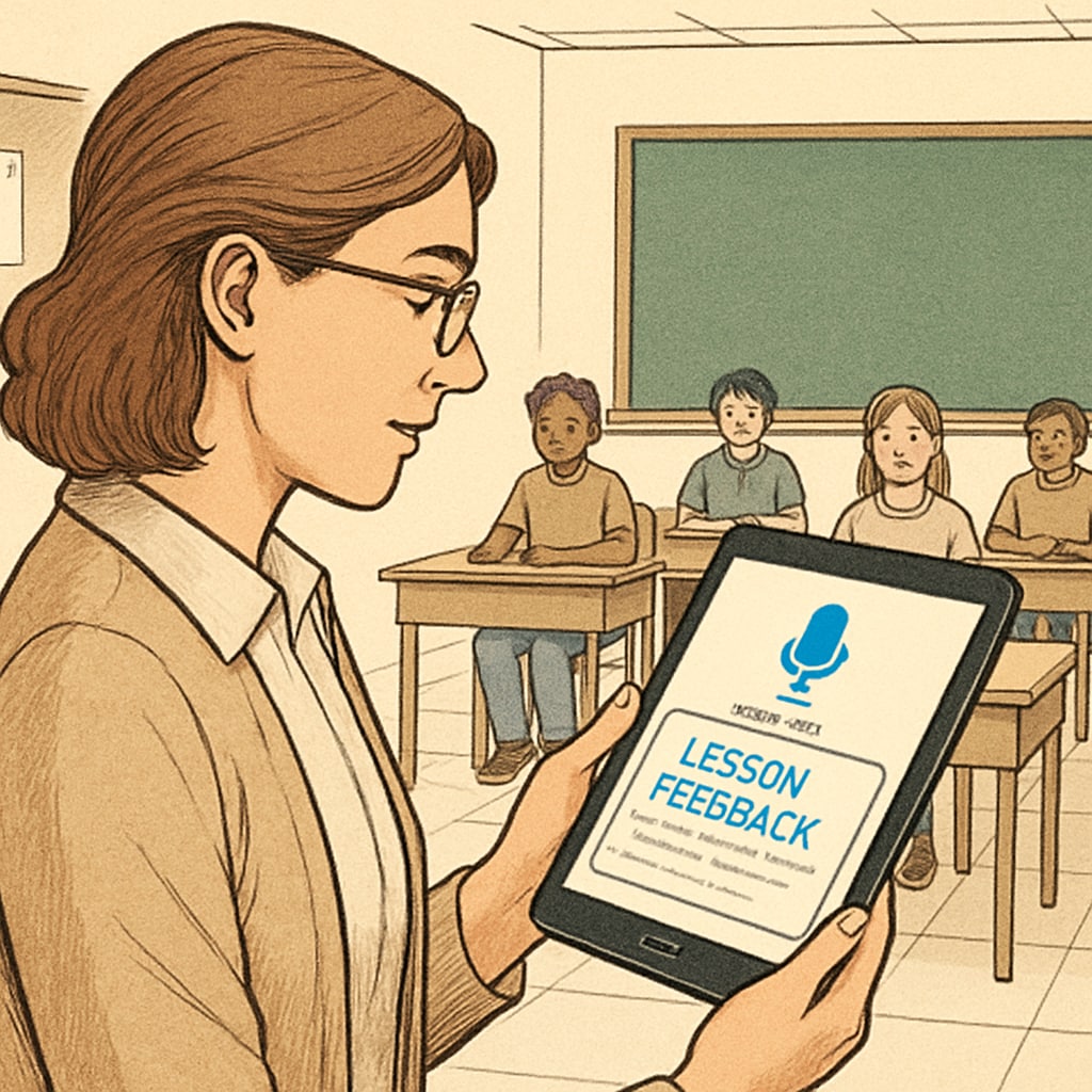 A teacher using a speech-to-text application on their tablet to record lesson feedback in a classroom. Teacher using speech-to-text technology in the classroom for lesson feedback.