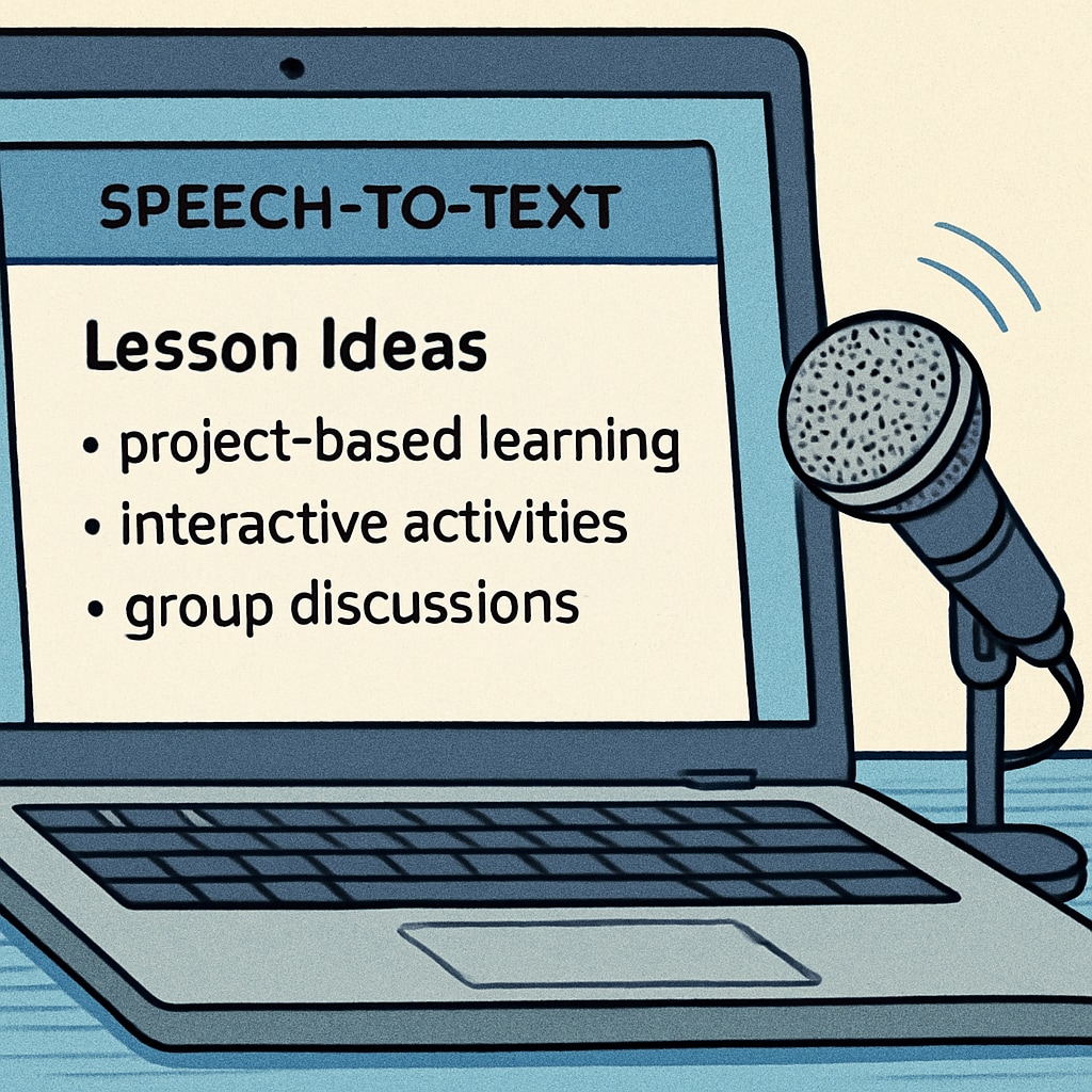 A close-up of a laptop screen showing a speech-to-text application transcribing lesson ideas as a teacher speaks into the microphone. Speech-to-text technology transcribing lesson planning ideas for teachers.