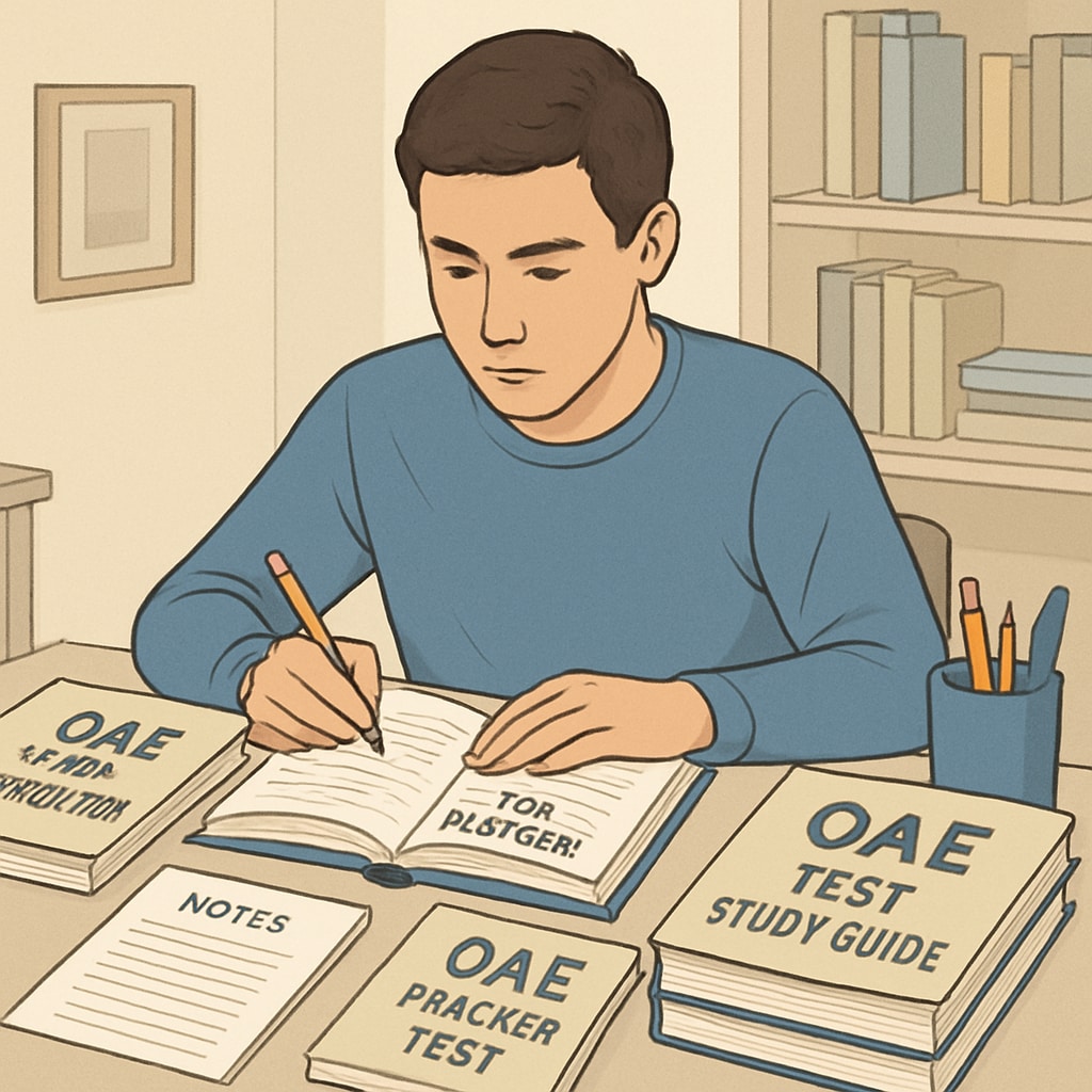 A focused student studying with OAE exam preparation materials, highlighting a calm and productive study environment. Student preparing for OAE exam with teacher certification materials on desk.