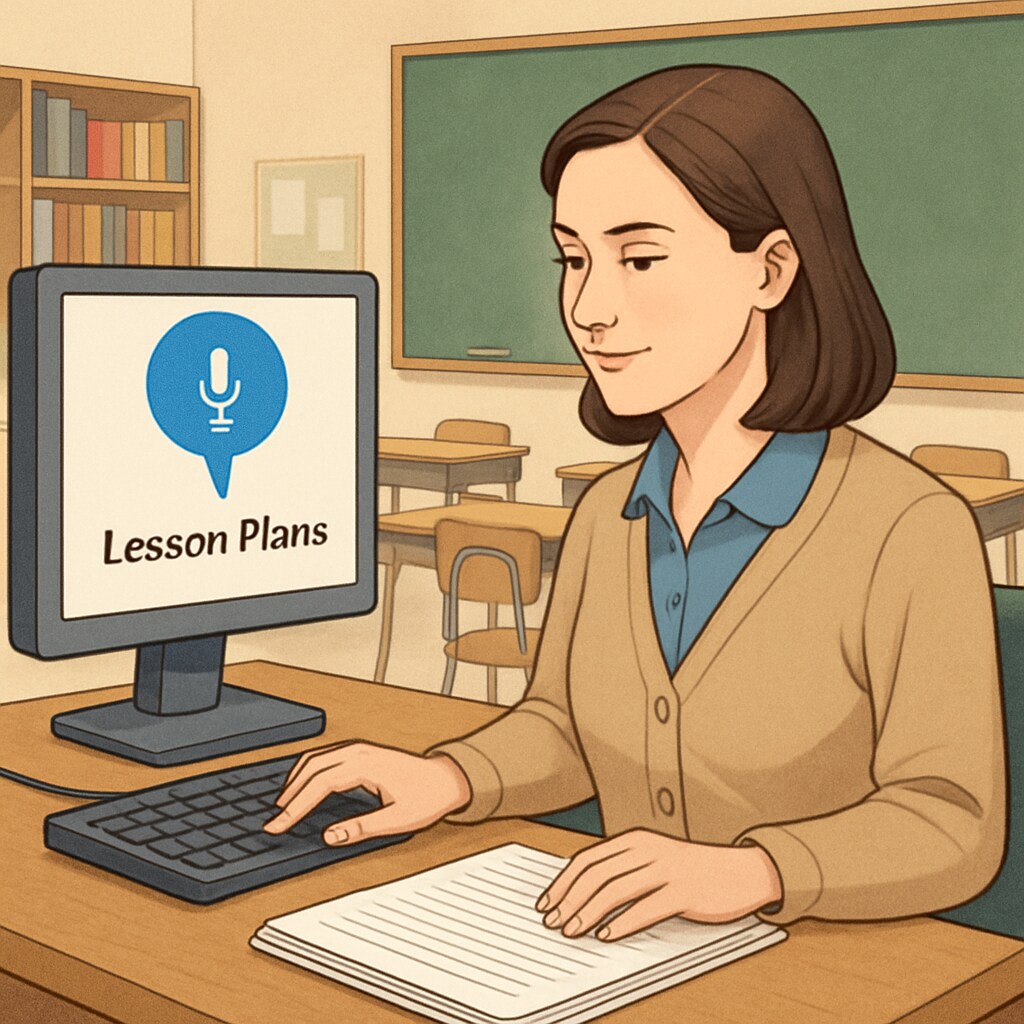 Teacher using voice recognition to transcribe lesson plans, illustrating speech recognition’s role in education workflows.