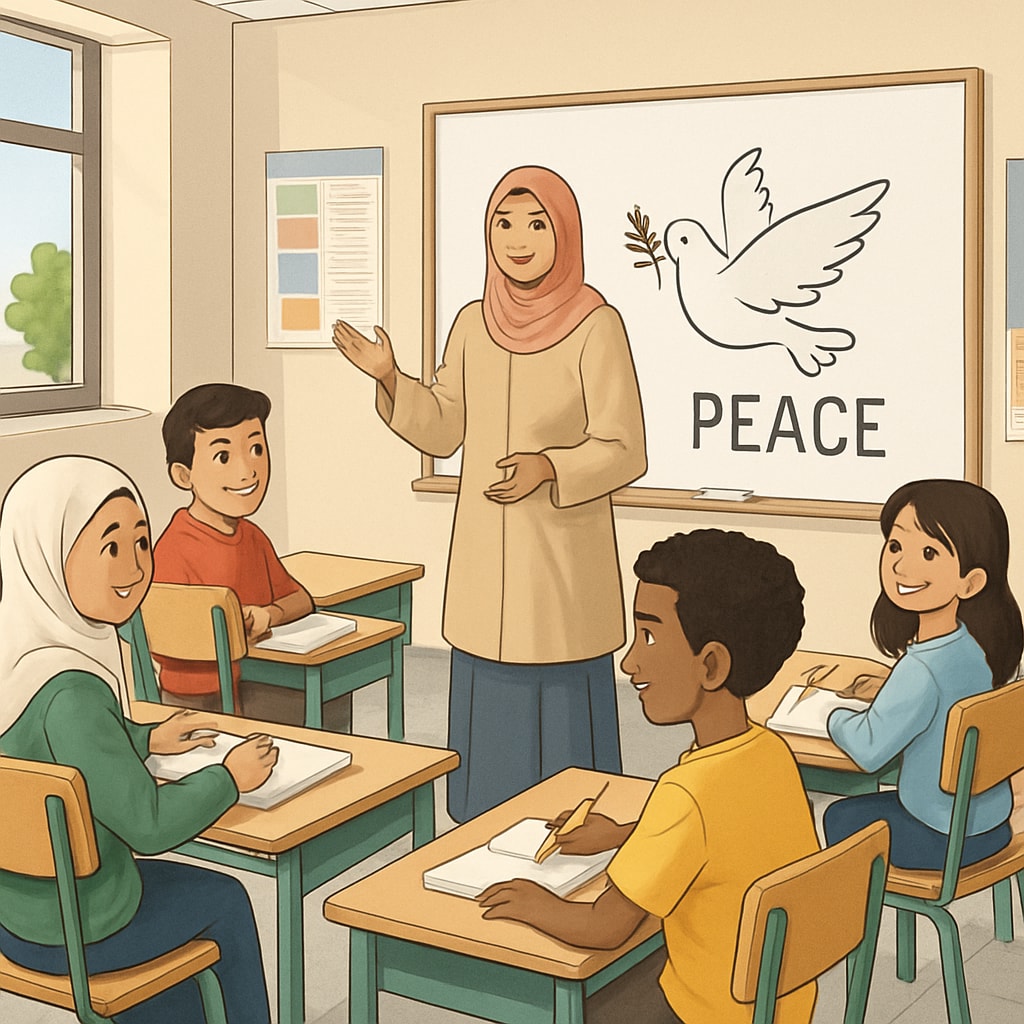 A classroom with students and a teacher in a newly built school in Gaza, emphasizing peace education and inclusivity. Classroom in Gaza with focus on peace education and inclusivity