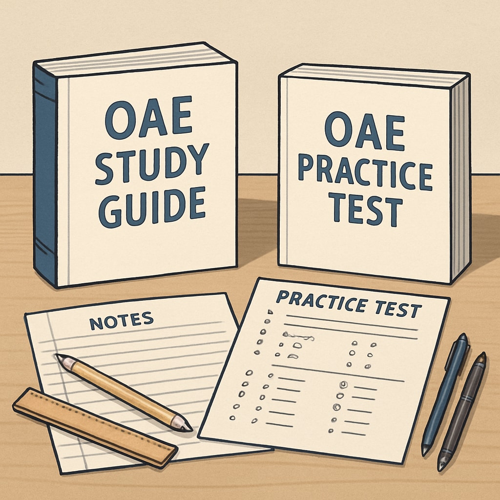 A detailed image of an OAE study guide and practice test materials laid out on a desk, emphasizing organization and preparation. OAE exam preparation tools including study guides and practice tests.