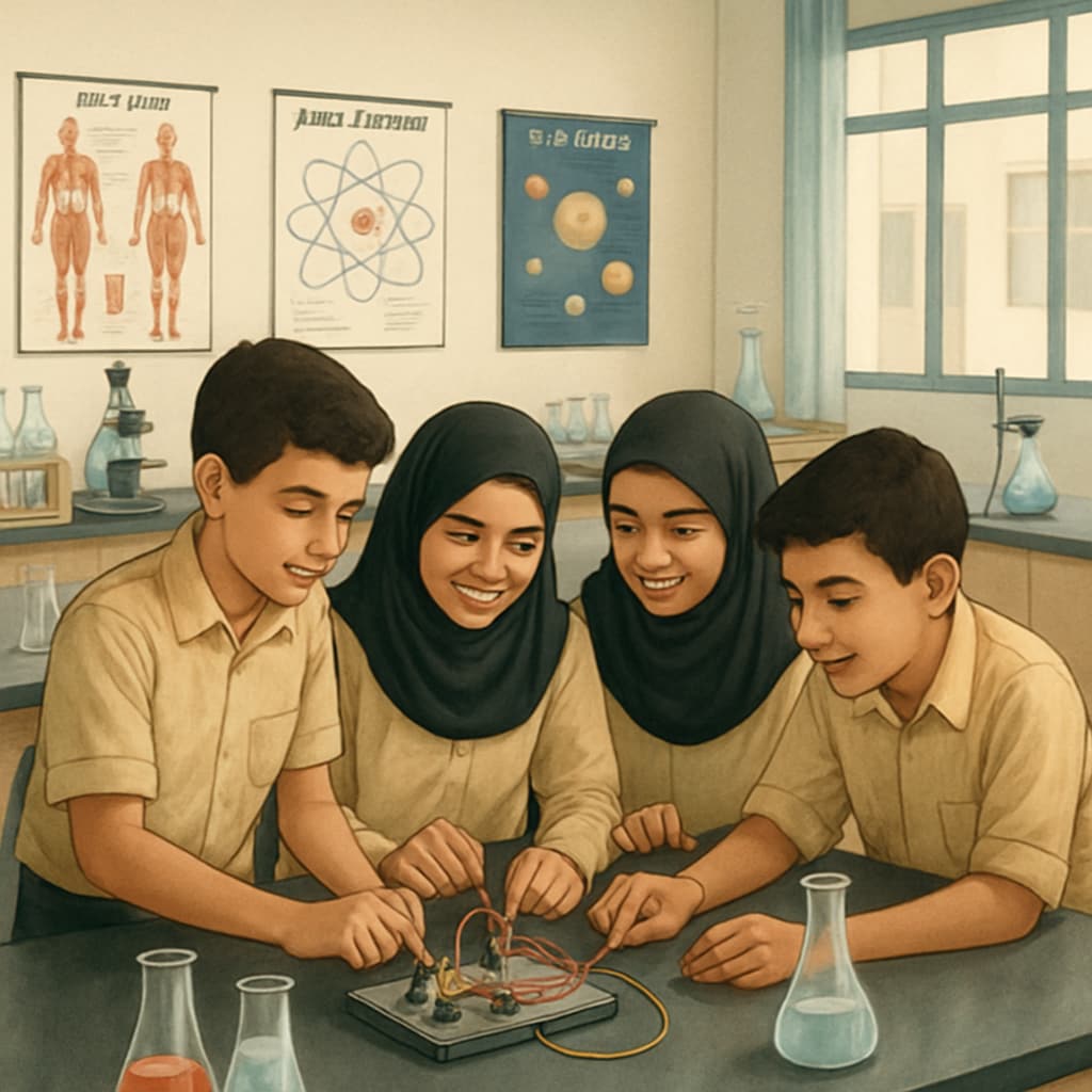 A science lab in a Gaza school where students collaborate on a hands-on project, promoting teamwork and critical thinking. Science lab in Gaza school promoting teamwork and critical thinking