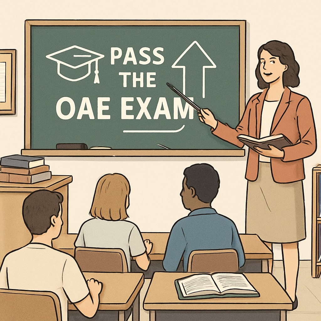 A professional image showing students in a classroom with a teacher, symbolizing the goal of passing the OAE exam to become an educator. Classroom scene with teacher and students, representing the goal of OAE exam success.