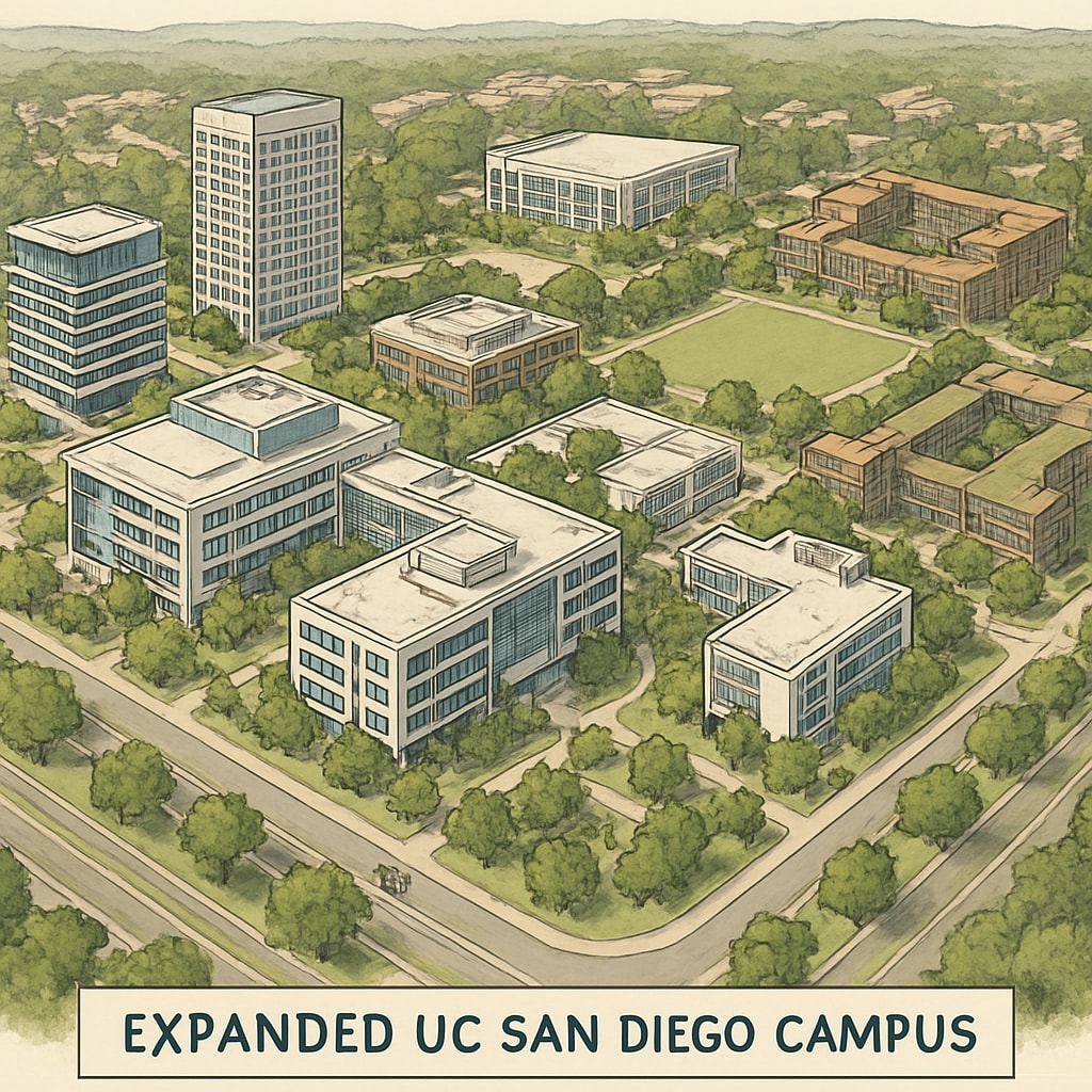 An aerial view of UC San Diego's expanded campus, showcasing new facilities to accommodate the growing student population. UC San Diego expansion featuring new campus buildings and student facilities.
