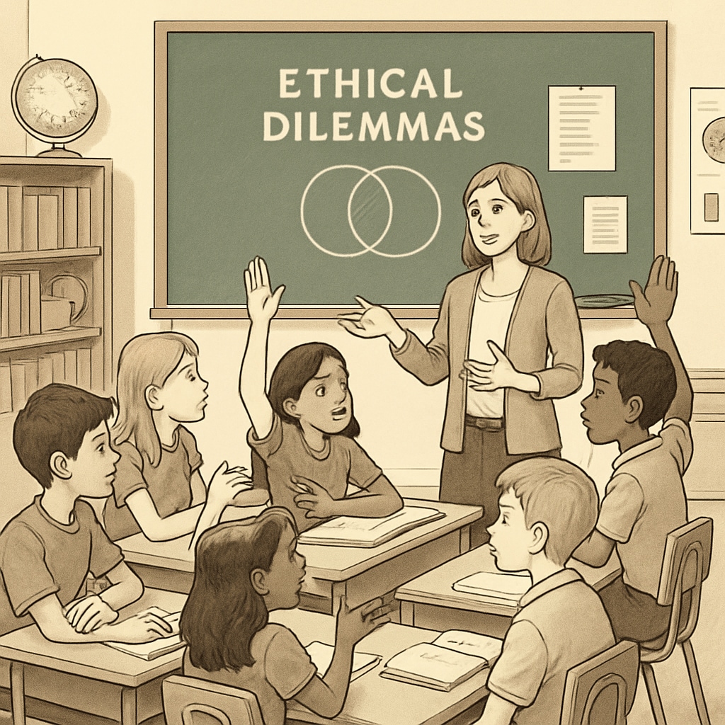 A classroom of young students engaging in a discussion about ethical dilemmas, showcasing the integration of philosophy in education. Students discussing ethical dilemmas in a classroom setting to learn philosophy.