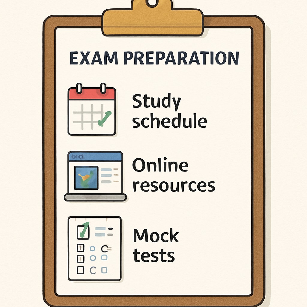 A graphic representation of a checklist for exam preparation, with items like study schedule, online resources, and mock tests highlighted. Exam preparation checklist graphic emphasizing key strategies for the OAE exam.