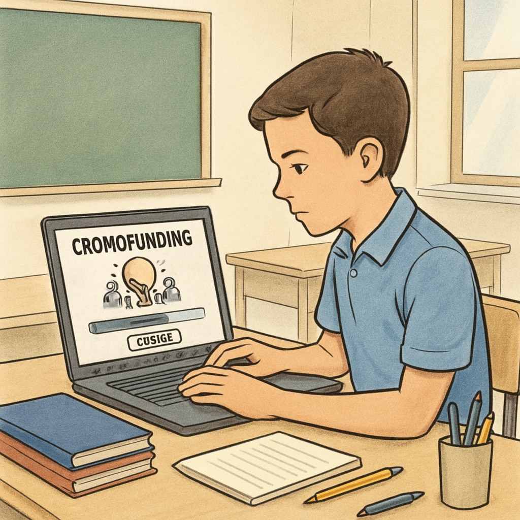 A young student sitting at a desk, working on a laptop with a crowdfunding webpage open on the screen. A student using a laptop to browse crowdfunding platforms for tuition support.