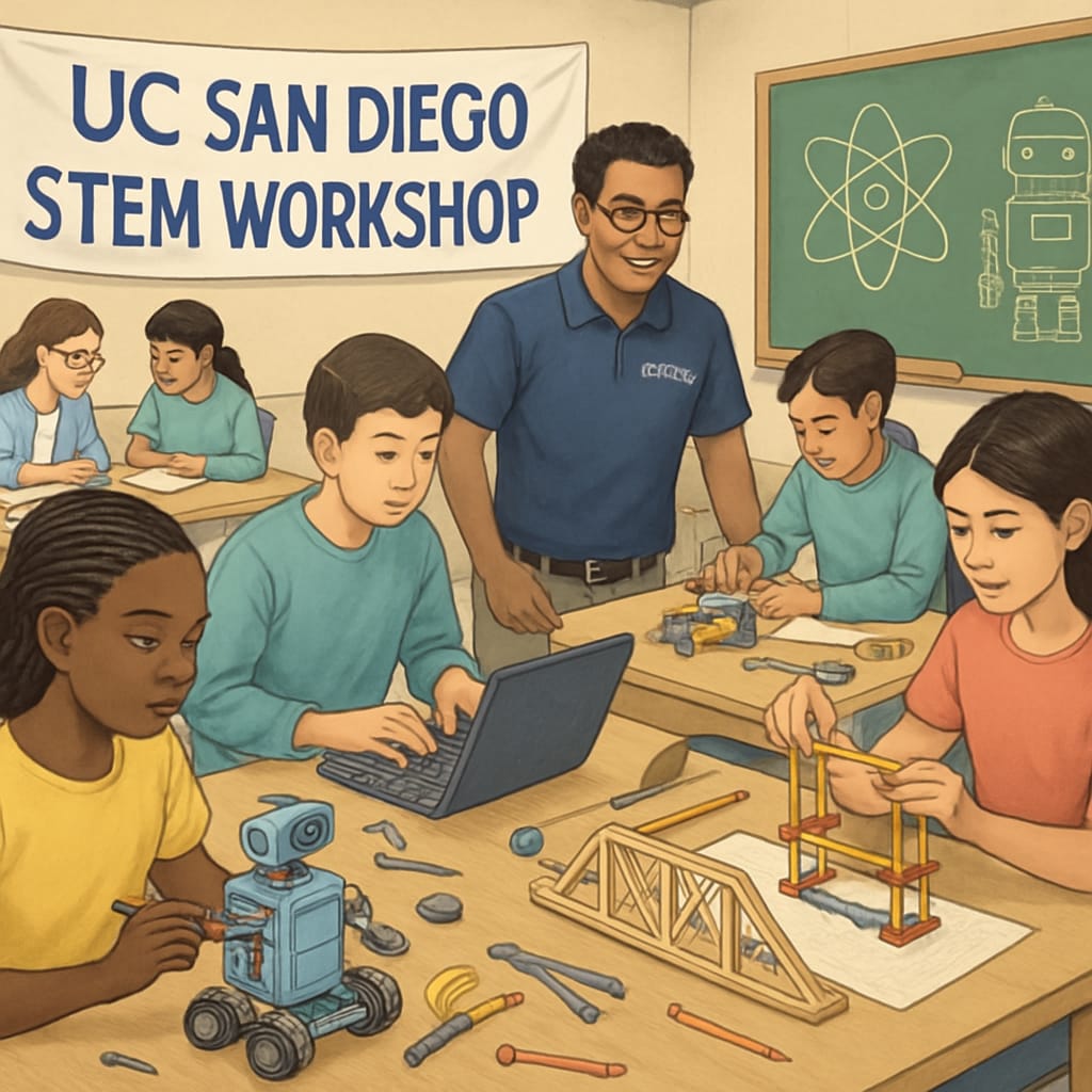 Students participating in a STEM workshop organized by UC San Diego in collaboration with local high schools. STEM collaboration between UC San Diego and high school students to enhance college readiness.