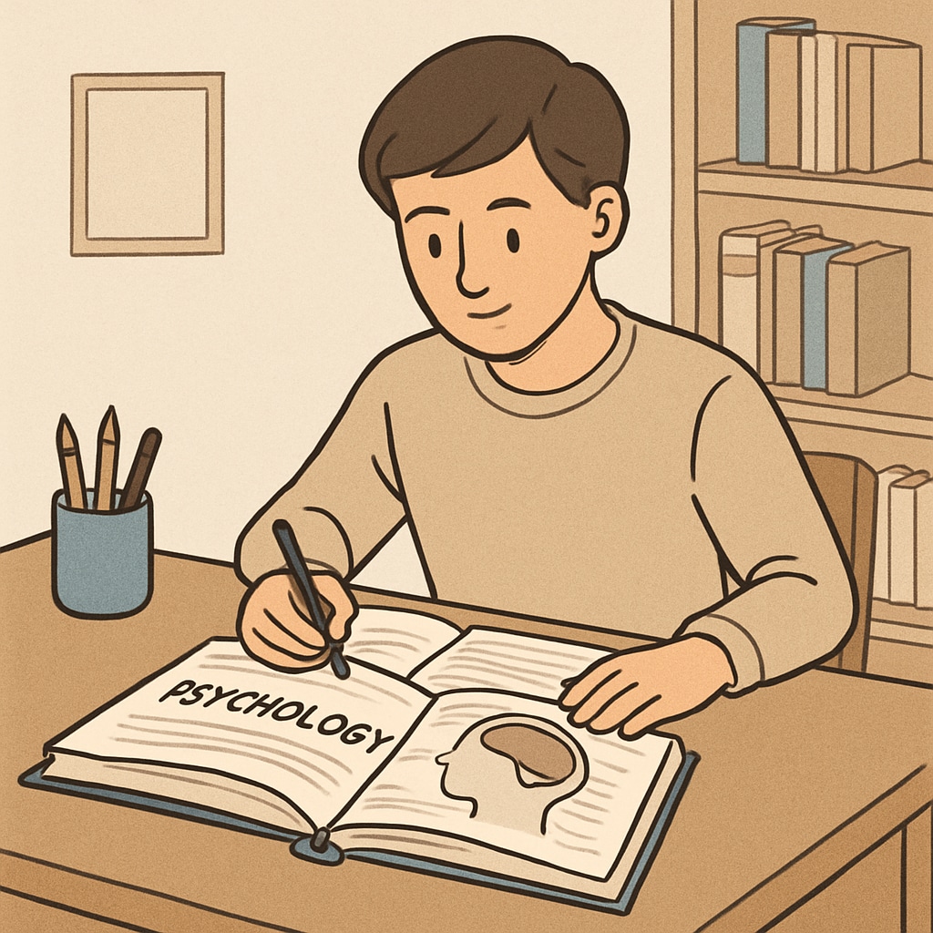 A student reading a psychology book while taking notes, representing self-directed learning. A student reading a psychology book, symbolizing the importance of independent learning in psychology and philosophy.