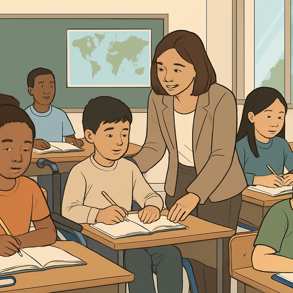 A classroom with diverse students concentrating, emphasizing the theme of equal access to education. A diverse classroom representing the need for equitable education opportunities.