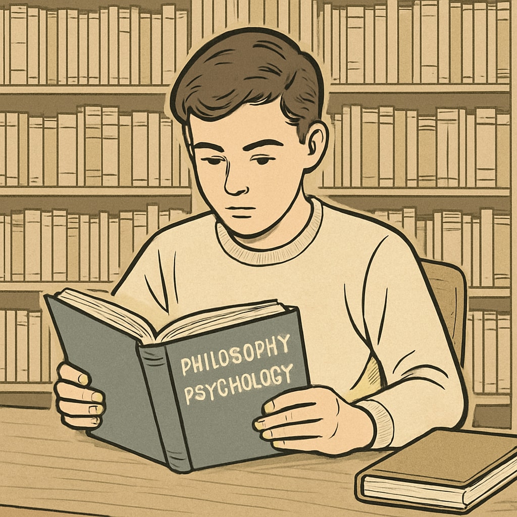 A young student reading a book on philosophy and psychology in a library setting. A student reading about psychology and philosophy as part of self-learning resources.