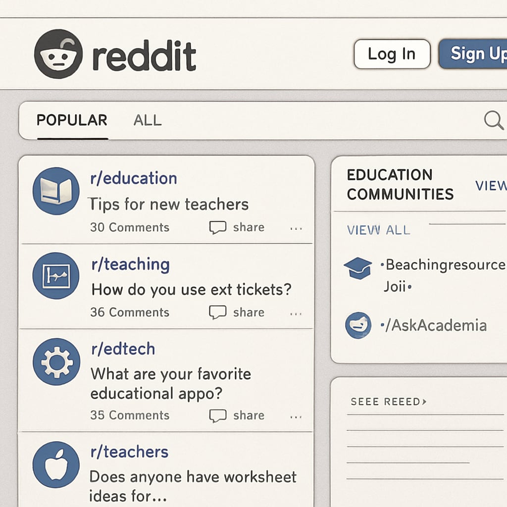A screenshot of the Reddit homepage showcasing education-related subreddits. Reddit homepage with education-related subreddits, highlighting