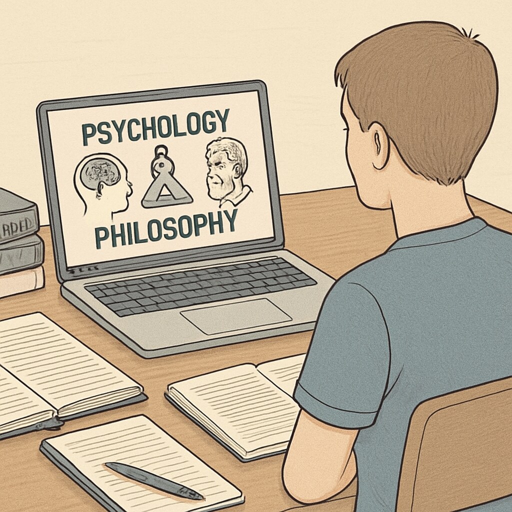 A student watching an educational video about psychology and philosophy on a laptop. A student engaging with self-learning resources in psychology and philosophy through videos.