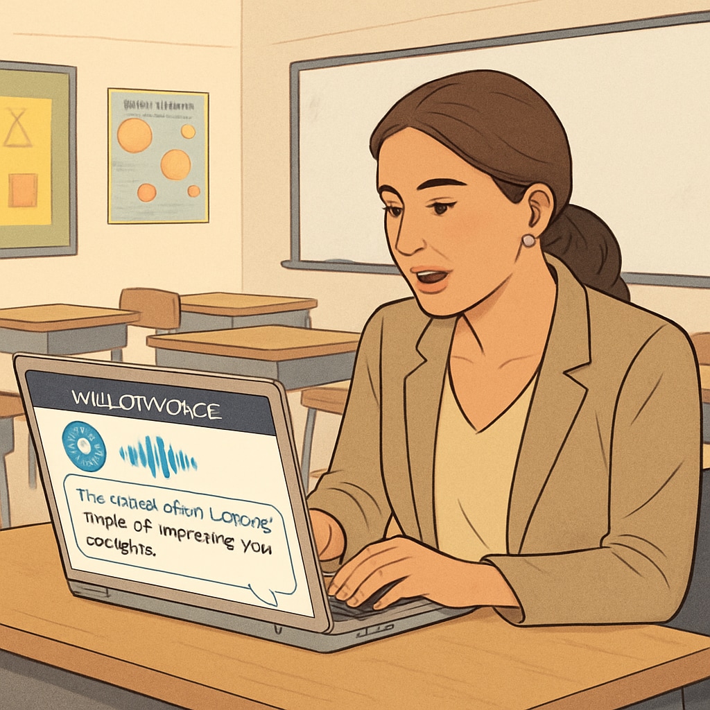 A teacher using WillowVoice speech-to-text technology to provide feedback on a laptop, depicted in a modern classroom setting. Teacher utilizing WillowVoice to enhance feedback efficiency in a K12 classroom.