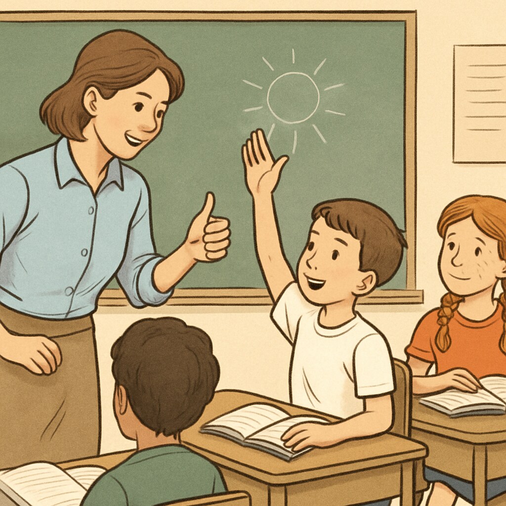 A classroom environment showing a teacher encouraging students through positive reinforcement, embodying the care aspect of teaching. Teacher encouraging students with positive reinforcement