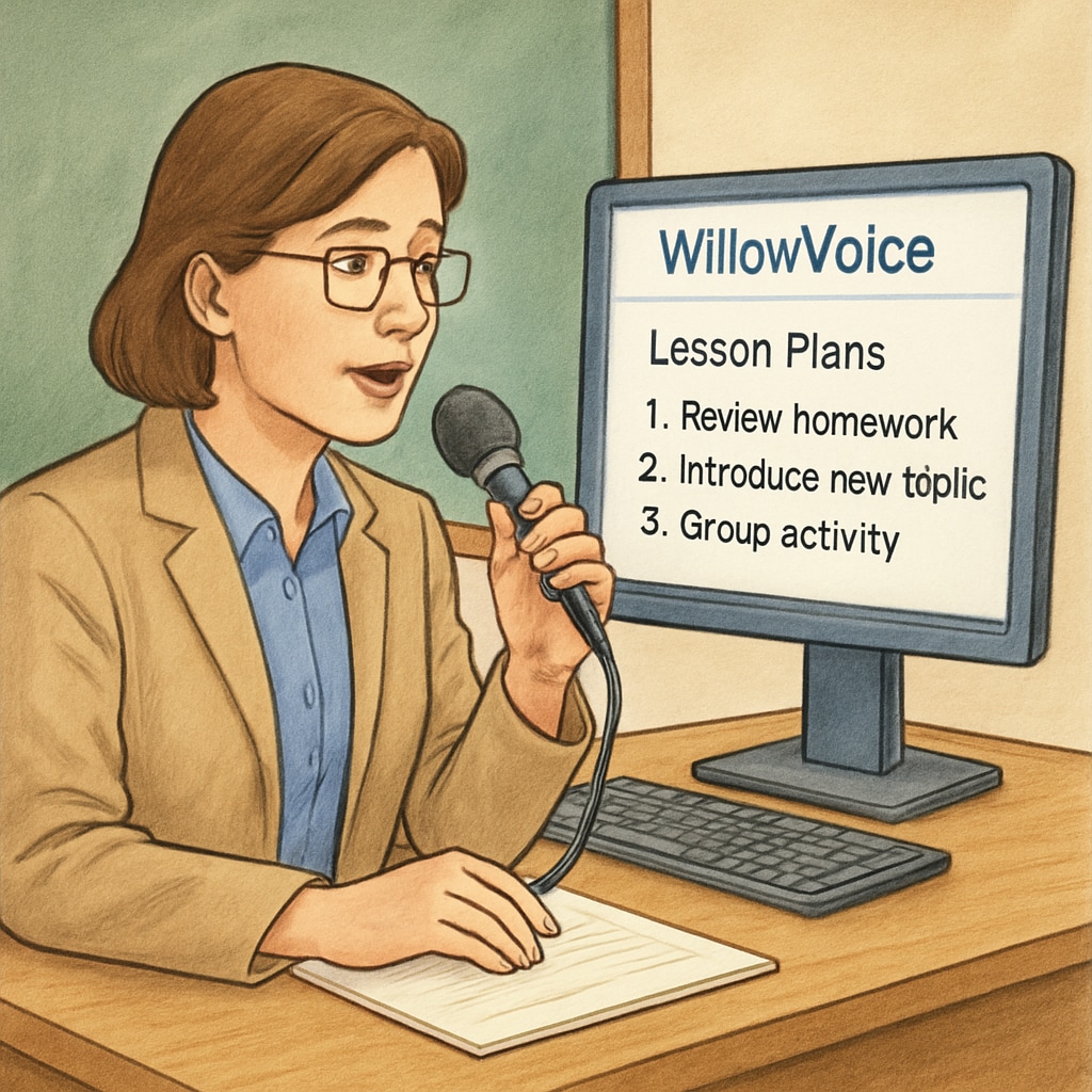 A teacher dictating lesson plans into a microphone, while WillowVoice software organizes the text on a computer screen. Educator crafting lesson plans using WillowVoice for streamlined planning.