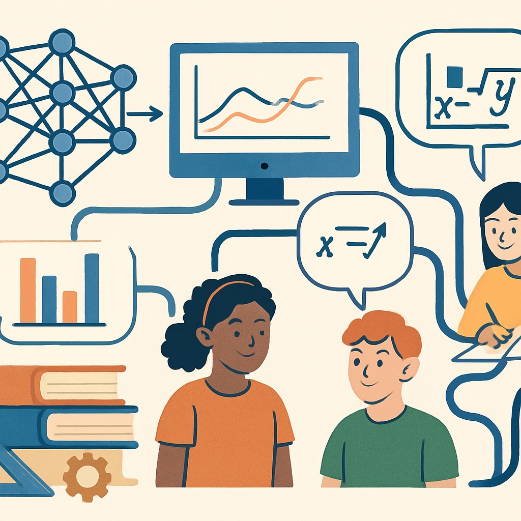 An illustration of AI algorithms creating personalized learning paths for students, focusing on varied academic strengths and weaknesses. AI-driven personalized learning paths in education, highlighting individual student progress.