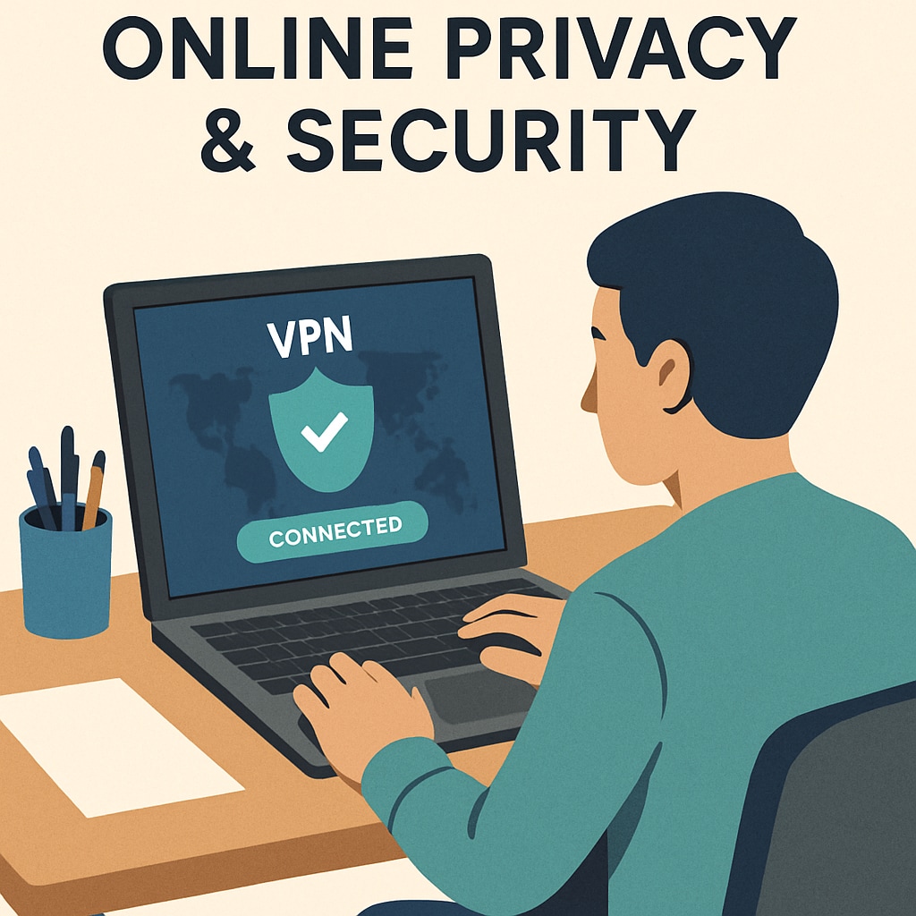 A person using a laptop with a VPN application open, symbolizing privacy and security concerns. A laptop screen showing a VPN application, highlighting privacy issues related to the UK age verification law.