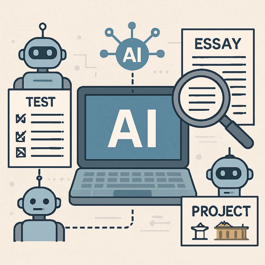 A visual representation of AI tools evaluating diverse student assessments, including essays and project-based learning outcomes. AI tools innovating student assessment methods in K12 education.