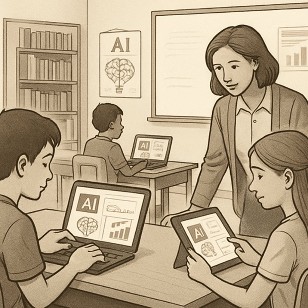 Students engaging with AI-based learning tools in a modern classroom. Students using artificial intelligence to enhance learning during a competitive exam preparation.