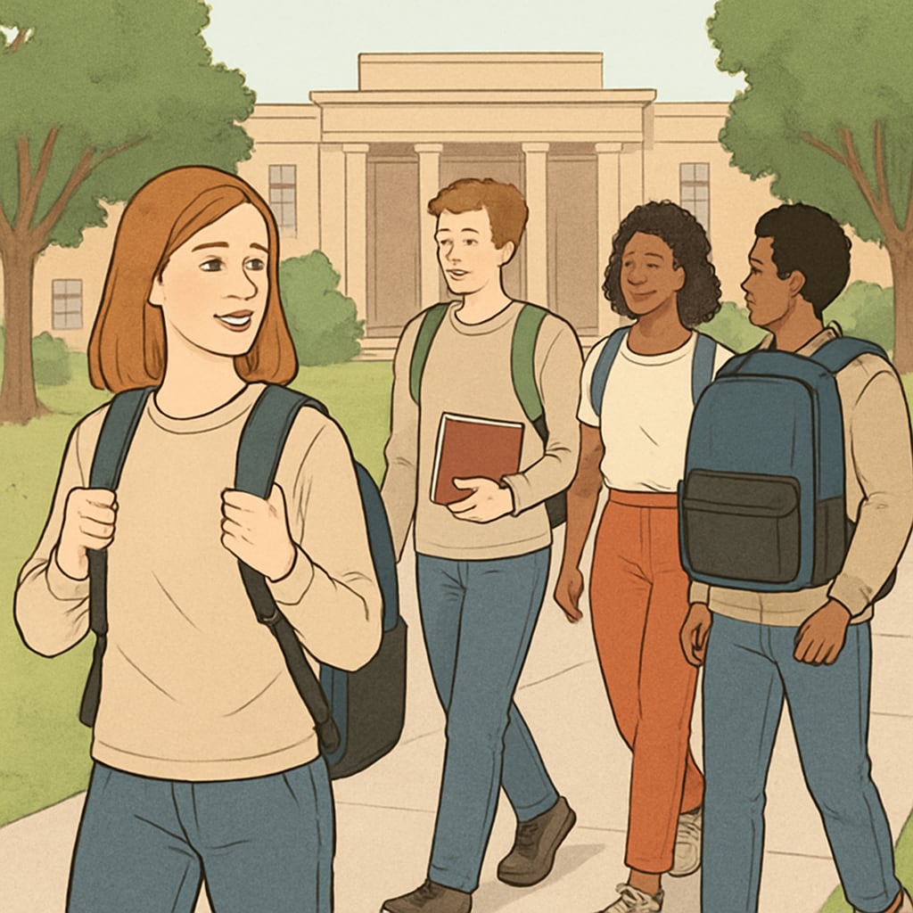 A group of college students walking on campus, each carrying a practical and affordable backpack. College students carrying practical and affordable backpacks on campus.